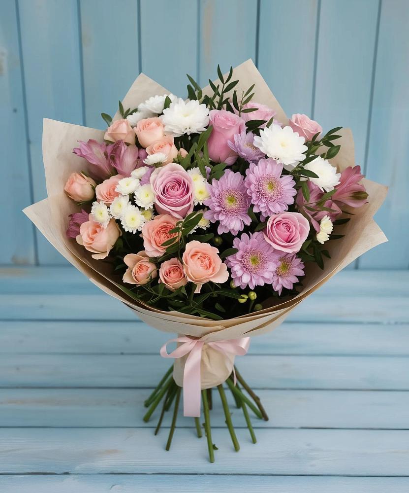 Букет цветов из: Хризантемы, Розы и Альстромерии в Беляниново