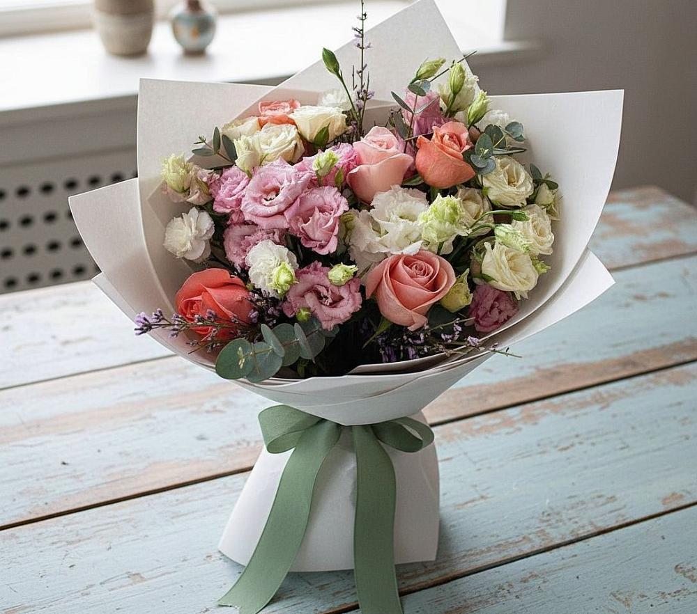 Букет цветов из: Розы, Лизиантусы и Гвоздики в Беляниново