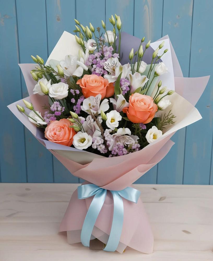 Букет цветов из: Лизиантусы, Розы, Альстромерии и Гипсофила в Беляниново