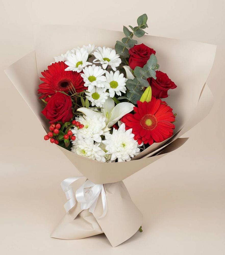 Букет цветов из: Розы, Хризантемы, Герберы и Лилии в Беляниново