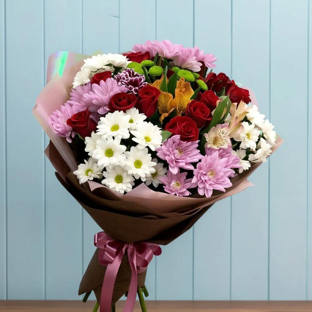 Букет цветов из: Розы, Хризантемы и Альстромерии в Беляниново