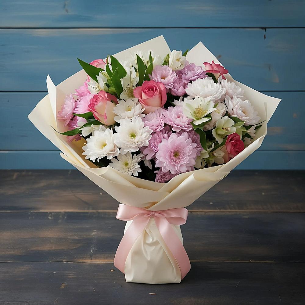 Букет цветов из: Хризантемы, Альстромерии и Розы в Беляниново